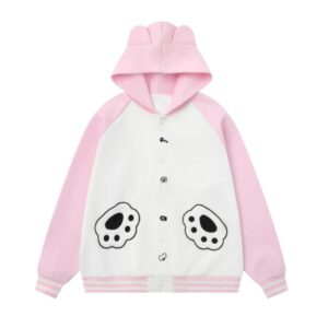 Color-Block Hoodie With Cat Paw Embroidery