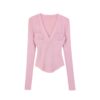 V-Neck Simple Pink Long Sleeve