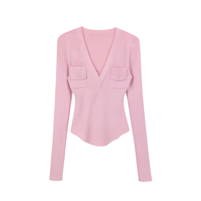 V-Neck Simple Pink Long Sleeve